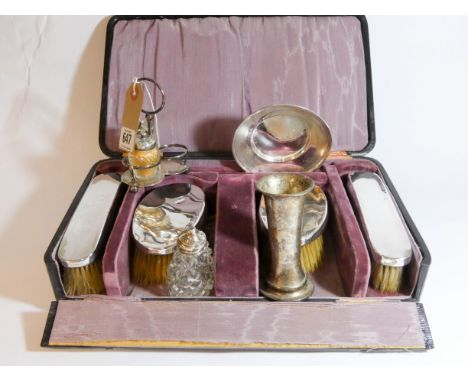 A silver backed gentleman's vanity brush set in case together with four other small pieces of silver - cruet, vase etc.  Brus