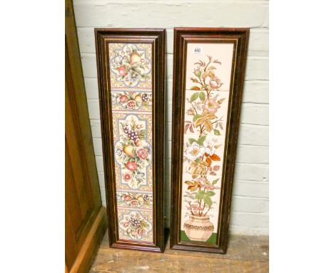 Two tile panels one of flowers and the other of fruit 
