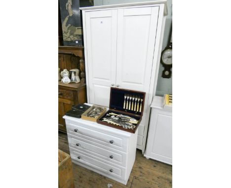 A 3' modern white two door wardrobe with three drawers under and a similar chest of three long drawers 