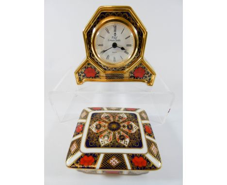 A Royal Crown Derby quartz mantle clock and a rectangular old Imari pattern trinket box and cover, clock height 10 1/2cms hig