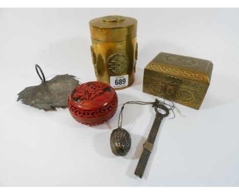 Chinese polished brass tea caddy, trinket box, white metal items and cinnabar lacquer  trinket box and cover 