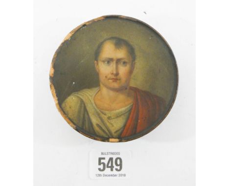 A 19th century circular papier mache patch box, the top decorated with a portrait of a Roman emperor or a nobleman, indistinc