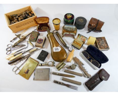 A large miscellaneous lot of collectors items to include, powder flask, whistles, vesta cases, button hooks, glasses and  kni