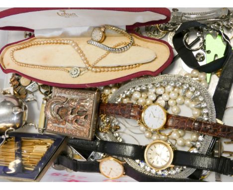 Watches, faux pearls, cocktail stick, cream jug and other items 