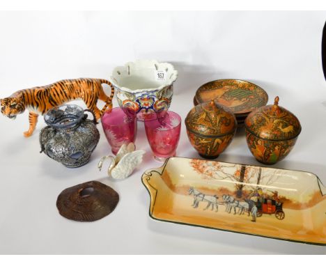 Beswick Tiger, Doulton dish, ruby glasses, lacquered ware, jardinere etc 