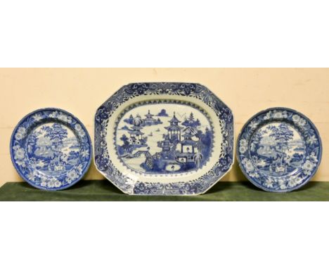 A blue and white Chinese meat plate and a pair of decorative blue and white Spode style plates 