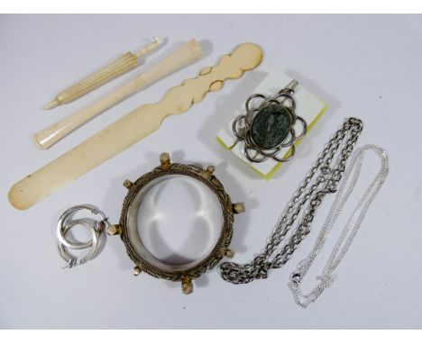 Antique ivory letter opener, enamelled bangle, silver earrings etc - a varied lot.