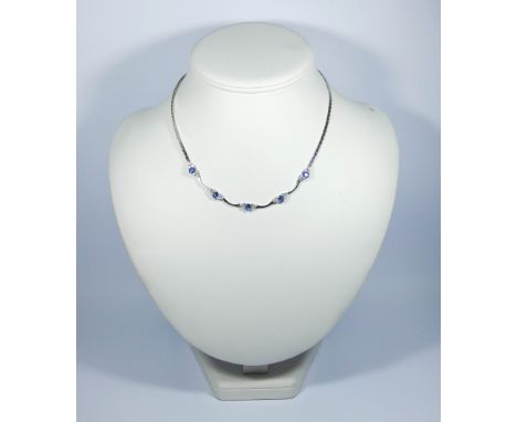 Pretty sapphire and diamond necklet, set with five sapphire and diamond clusters in 18ct white gold, suspended from a 9ct whi