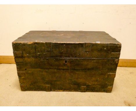 A large old Victorian stained pine cabin trunk with iron banding 3' wide 