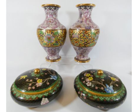 A pair of oriental cloisonne circular trinket boxes and covers and a pair of cloisonne enamelled vases, vase height 22cms tal