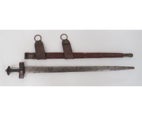 Late 19th Century Sudanese Sword 32 1/2 inch, double edged blade with short triple fullers and long central fuller. &nbsp;Lea