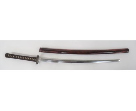 Japanese Signed Tang Sue Koto Katana Sword 28 1/2 inch, single edged blade. &nbsp;Fine line edge hammon. &nbsp;Double, narrow