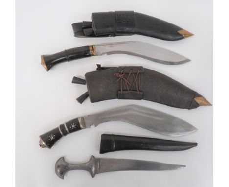 Three Various Indian Knives consisting double edged, yataghan blade example. &nbsp;Steel, one piece grip. &nbsp;Contained in 