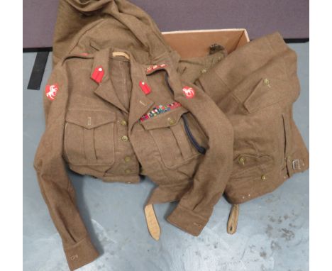 1949 Pattern Staff Colonel Battle Dress Jacket and Trousers khaki, single breasted, open collar, short jacket. &nbsp;Pleated 