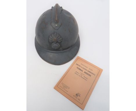 WW1 French Adrian Pattern Steel Helmet blue crown with attached top comb. &nbsp;Attached front peak and rear brim with side r