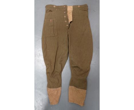 Pair of WW2 Mounted Other Ranks Breeches khaki green material, wide leg breeches. &nbsp;The lower calf with khaki tan cotton 