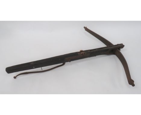 19th Century Stone Prod Crossbow&nbsp; square form, wooden shaft with central bone locking wheel. &nbsp;Lower, long steel tri