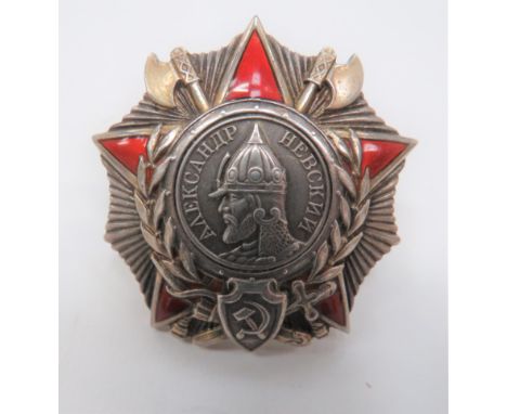 Soviet Union Order of Alexander Nevsky silvered star with overlaid gilt axes and red enamel, Russian star. &nbsp;Central silv