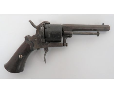 Late 19th Century Continental Pinfire Revolver 3 1/2 inch, octagonal barrel with side mounted clearing rod. &nbsp;Six shot, p