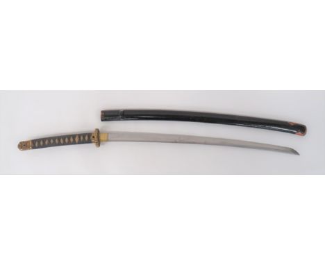 Late War Armoury Made Japanese Officer's Sword 28 inch, single edged, slightly curved blade. &nbsp;Brass habaki. &nbsp;Crude,