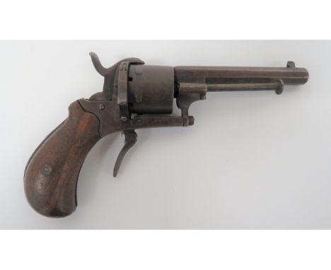 Late 19th Century Continental Pinfire Revolver 3 1/4 inch, octagonal barrel with side mounted clearing rod. &nbsp;Six shot, p