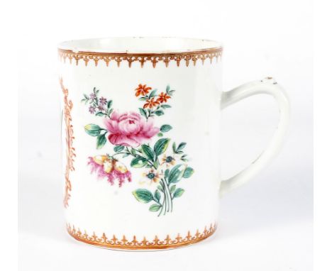 A Chinese Export large cylindrical mug. Late 18th century, probably London decorated, with entwined monogram in gilding and e