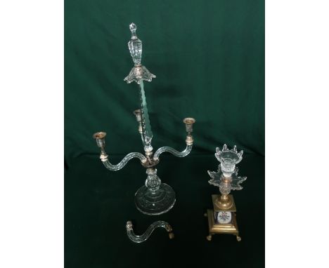 Early 20th C four branch cut glass candelabra with silver plated fittings and a Late 19th C brass and cut glass candle stick 