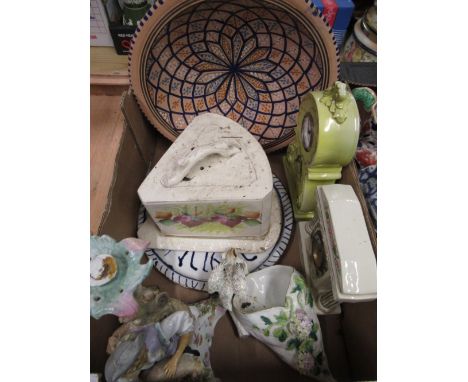 Continental porcelain table candlestick (lacks branches), Victorian cheese dish and cover, two ceramic mantel clocks and a wa