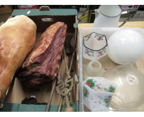 1950's composition butchers displays of joints of meat, a Gamers cider woodpecker, three piece brass fire companion set and f