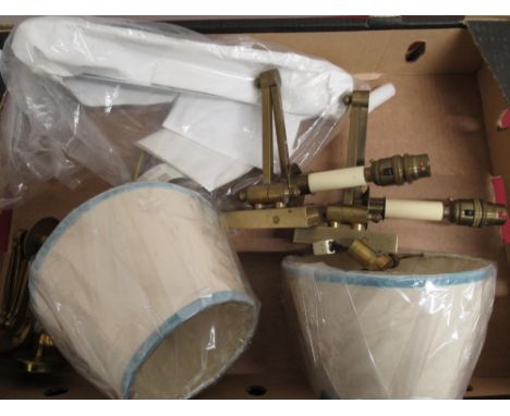 Two pairs of lacquered brass wall light fittings with adjustable angular arms and cream shades (4) 