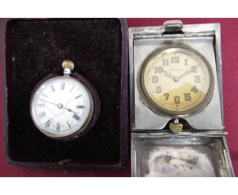 Geo V. eight day travelling clock in engine turned silver case, Birmingham 1926 and a Swiss 19th C ladies Swiss continental s