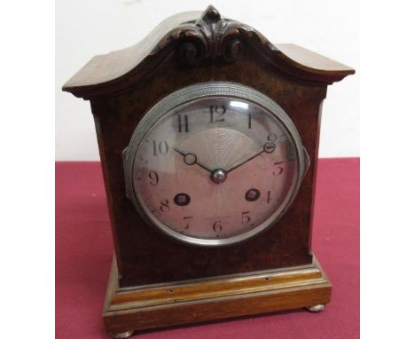 Early 20th C mahogany and burr walnut mantel clock, silvered Arabic dial in silver plated bezel, French two train striking mo