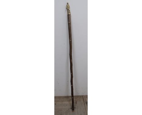 Wooden walking stick, brass handle cast as a Coal miner 