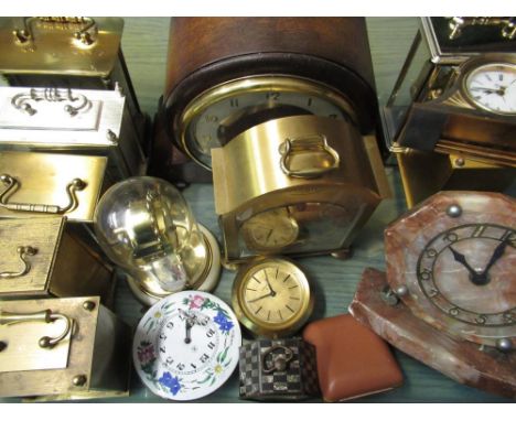 Bentima oak cased eight day striking mantel clock, 1930's Temco red marble electric mantel clock, Swiza lacquered brass alarm
