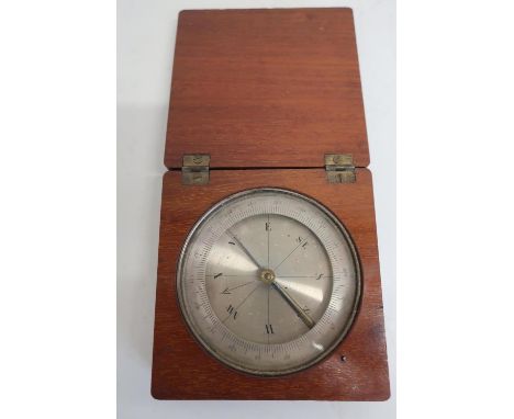 Victorian mahogany cased pocket compass, silvered dial with brass lock, dial 2in diam. 
