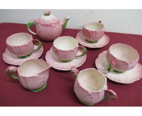 Carlton Ware Pink Buttercup tea service, comprising four cups and saucers, teapot and cover, sugar and milk jug (12) 