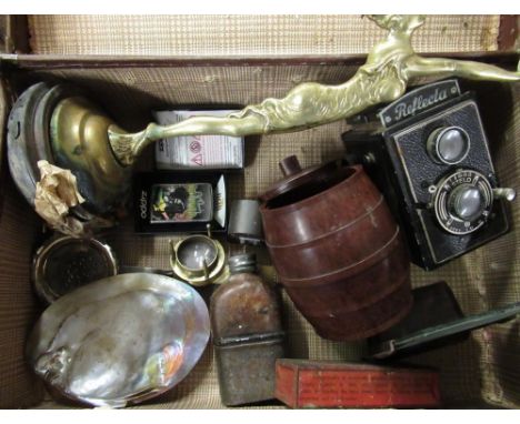 Velos Bakelite air tight barrel, Bakelite photo frame, Bob Marley Zippo lighter, Reflecta Stelo camera, a brass table lamp an