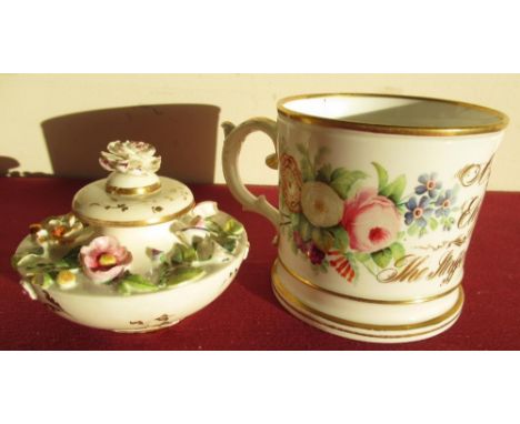 Early 19th C Rockingham porcelain inkwell with applied floral decoration and gilt highlights D10.5cm H8cm and a mid 19th C bo