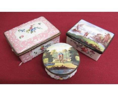 19th C continental gilt metal mounted enamel box with hinged lid decorated with Dutch waterway scene and flowers, labelled in