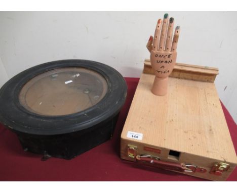 Daler &amp; Rowney artists folding easel/paint box, Victorian ebonised circular clock case and an articulated wooden model of