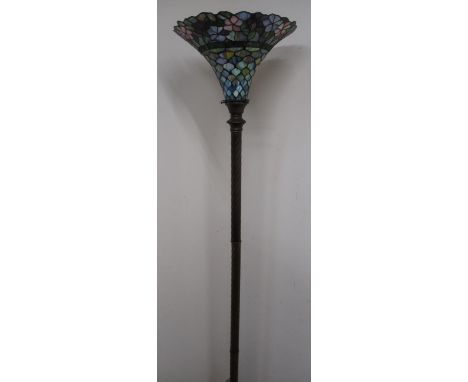 Patinated metal standard lamp with twist turned column and Tiffany style uplighter shade H184cm W39cm 