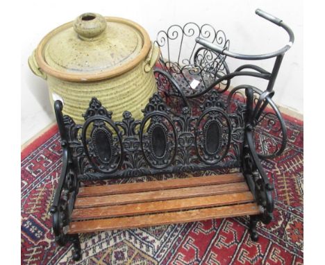 Cast iron and wood book trough in the form of a garden bench W41cm H28cm, jardinière in the form of a tricycle and an earthen