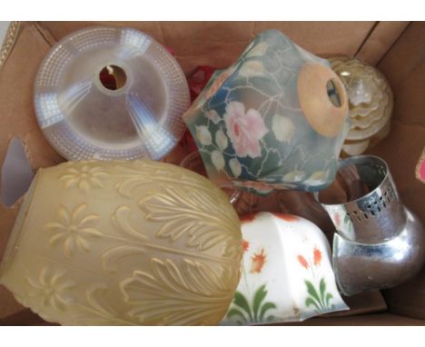 Collection of various 20th C glass light shades, including red star, pink tint, vaseline tint opaque and painted examples, et