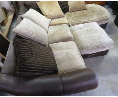Large brown leather corner sofa and matching footstool, brown velour loose cushion (approx L240cm x H80cm) 