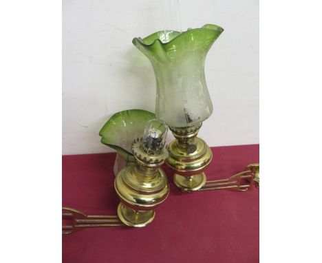 Pair of Art Nouveau wall lamps with Art Nouveau swing arm bracket and etched green tinted shades 