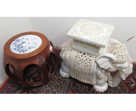 Chinese hardwood oprnwork jardinière stand, top inset with circular blue and white tile H35cm, and an oriental conservatory s