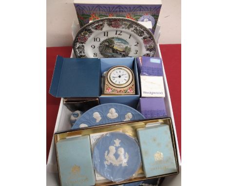 Wedgwood wall clock, a Cleo pattern quartz mantle clock, collection of Wedgwood blue jasperware including five New Year bells