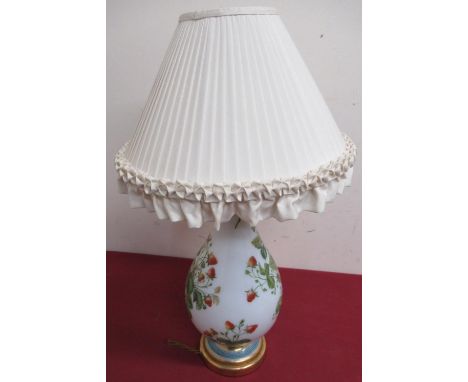 20th C opaline glass table lamp, baluster body  decorated with hand painted strawberries, with fringed shade 