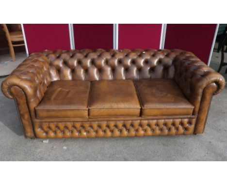 Three seater chesterfield settee in chestnut brown leather with deep button back 190cm 90cm 69cm 