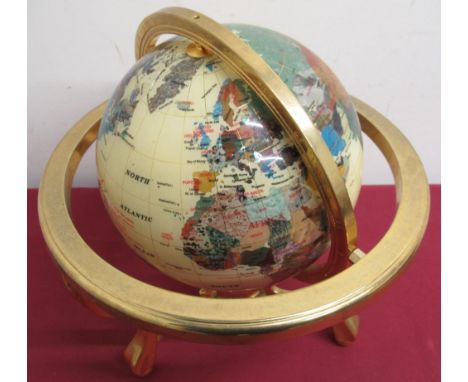 Polished crystal style terrestrial globe, on brass stand with compass base H39cm 